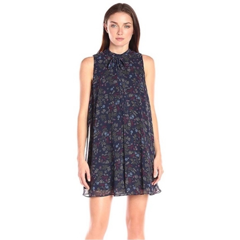 BCBGeneration Printed High Neck Pleat Dress Size Medium. Color-Stormy Sky Multi